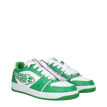 Enterprise Japan Green Leather Low Top Sneakers with front logo, casual style, lace-up closure, rubber sole, and white accents.