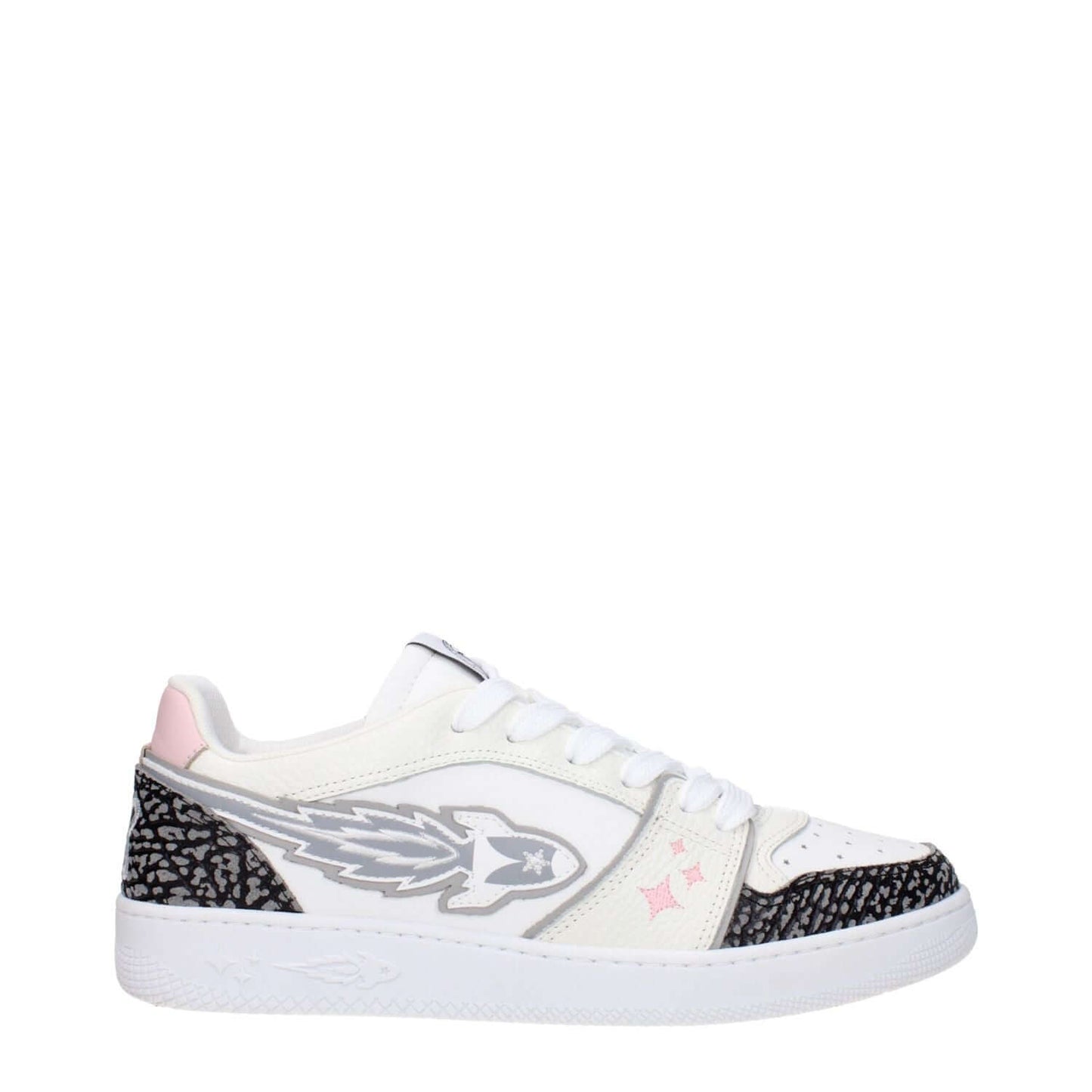 Enterprise Japan White Leather Athletic Sneakers with grey side detail, low flat heel, rubber sole, and lace-up closure.