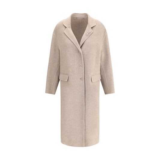 Alt Tag: Ermanno Scervino Beige Wool Coat with lapels, V-neckline, and rhinestone pins, above-ankle length, AW25 elegant outerwear.