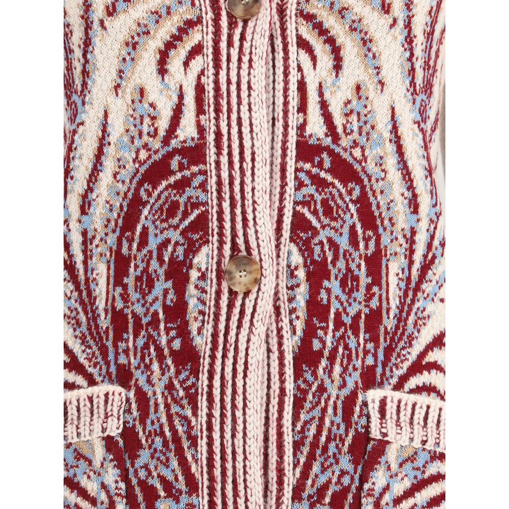 Close-up of Etro Multicolor Wool Cardigan with Paisley floral jacquard pattern, showcasing buttons and ribbed trim detailing.