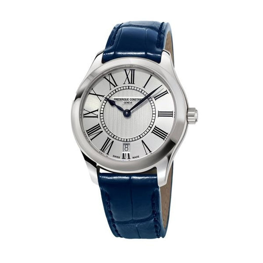 FREDERIQUE CONSTANT Mod. CLASSIC wristwatch with stainless steel case, blue calfskin strap, sapphire dial, quartz movement, 3 ATM water resistance.