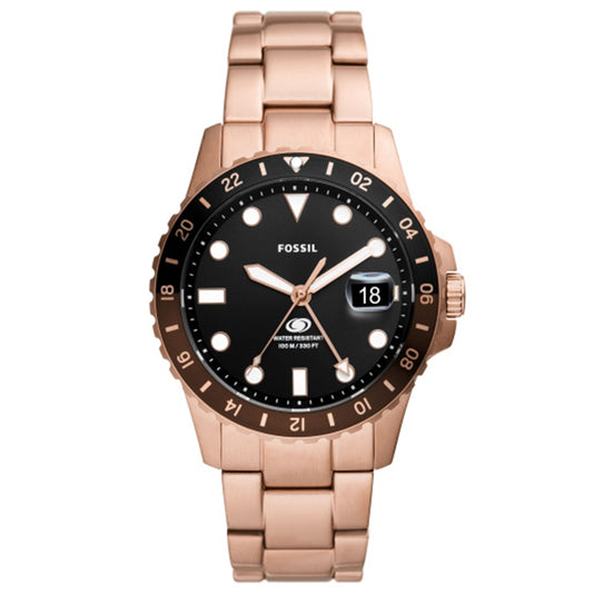 FOSSIL Mod. FS6027 wristwatch, rose gold stainless steel, 42mm case, quartz movement, water-resistant, black dial with date function.