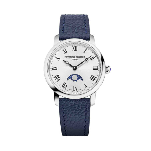 Luxury watch FREDERIQUE CONSTANT MOD. FC-206RS1S6 with blue leather strap and Roman numeral dial design.