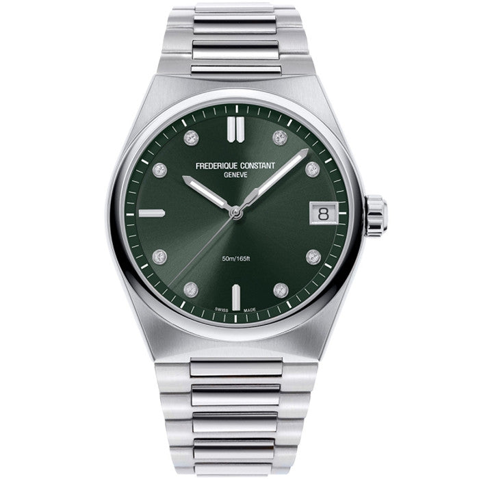 Luxury watch FREDERIQUE CONSTANT MOD. FC-240GRD2NH6B with green dial and stainless steel bracelet, elegant design, date display.