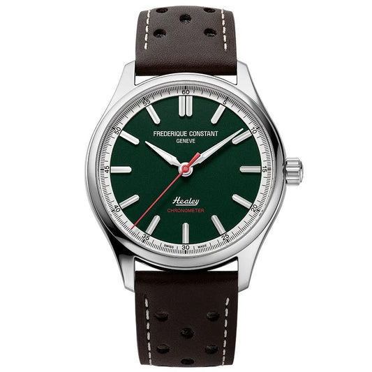 FREDERIQUE CONSTANT MOD. FC-301HGRS5B6 wristwatch with green dial and brown leather strap, showcasing elegant design and craftsmanship.