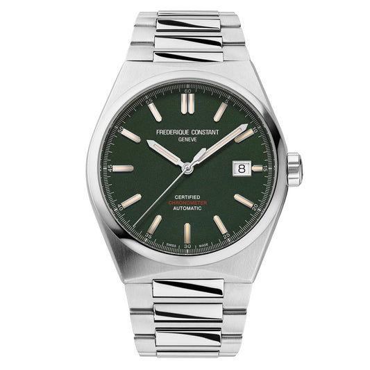 FREDERIQUE CONSTANT MOD. FC-303GRS3NH6B luxury men's watch with green dial and silver bracelet, elegant design.