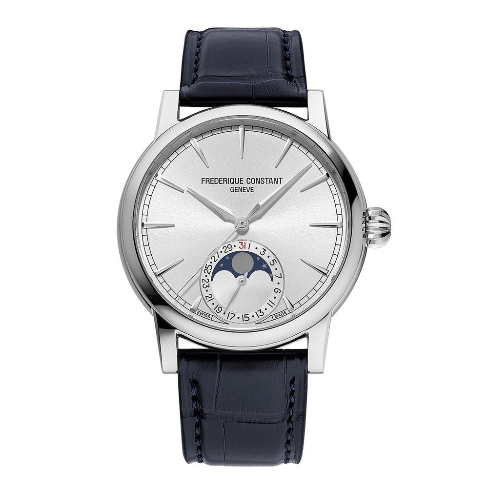 Alt Tag: FREDERIQUE CONSTANT MOD. FC-716S3H6 luxury watch with blue leather strap and moon phase display