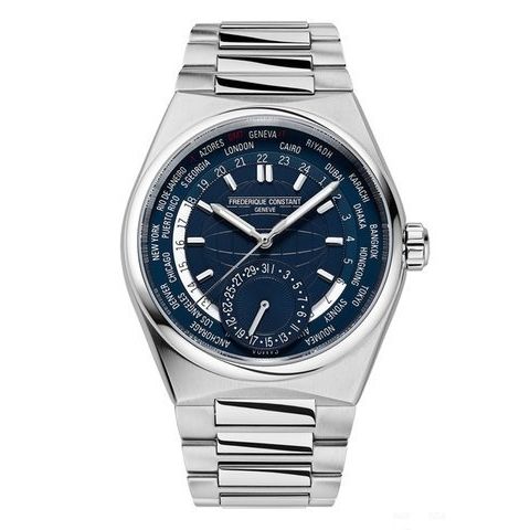 Luxurious FREDERIQUE CONSTANT MOD. FC-718N4NH6B Swiss wristwatch with blue dial and stainless steel bracelet in official packaging.