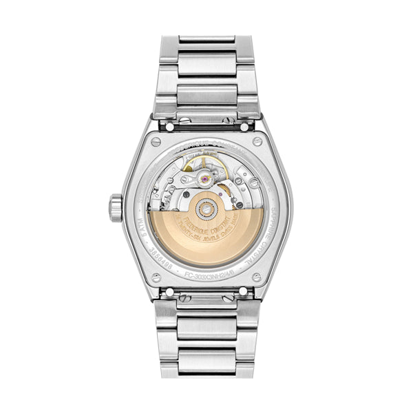 Back view of FREDERIQUE CONSTANT Mod. HIGHLIFE AUTOMATIC COSC wristwatch with stainless steel strap and visible automatic movement.