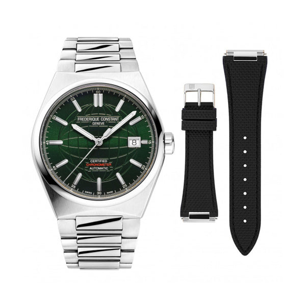 FREDERIQUE CONSTANT Mod. HIGHLIFE AUTOMATIC COSC wristwatch, stainless steel case, black strap, COSC certified, green dial.