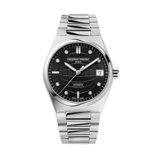 Luxury FREDERIQUE CONSTANT Mod. HIGLIFE AUTOMATIC watch with silver bracelet and black dial, featuring date display.