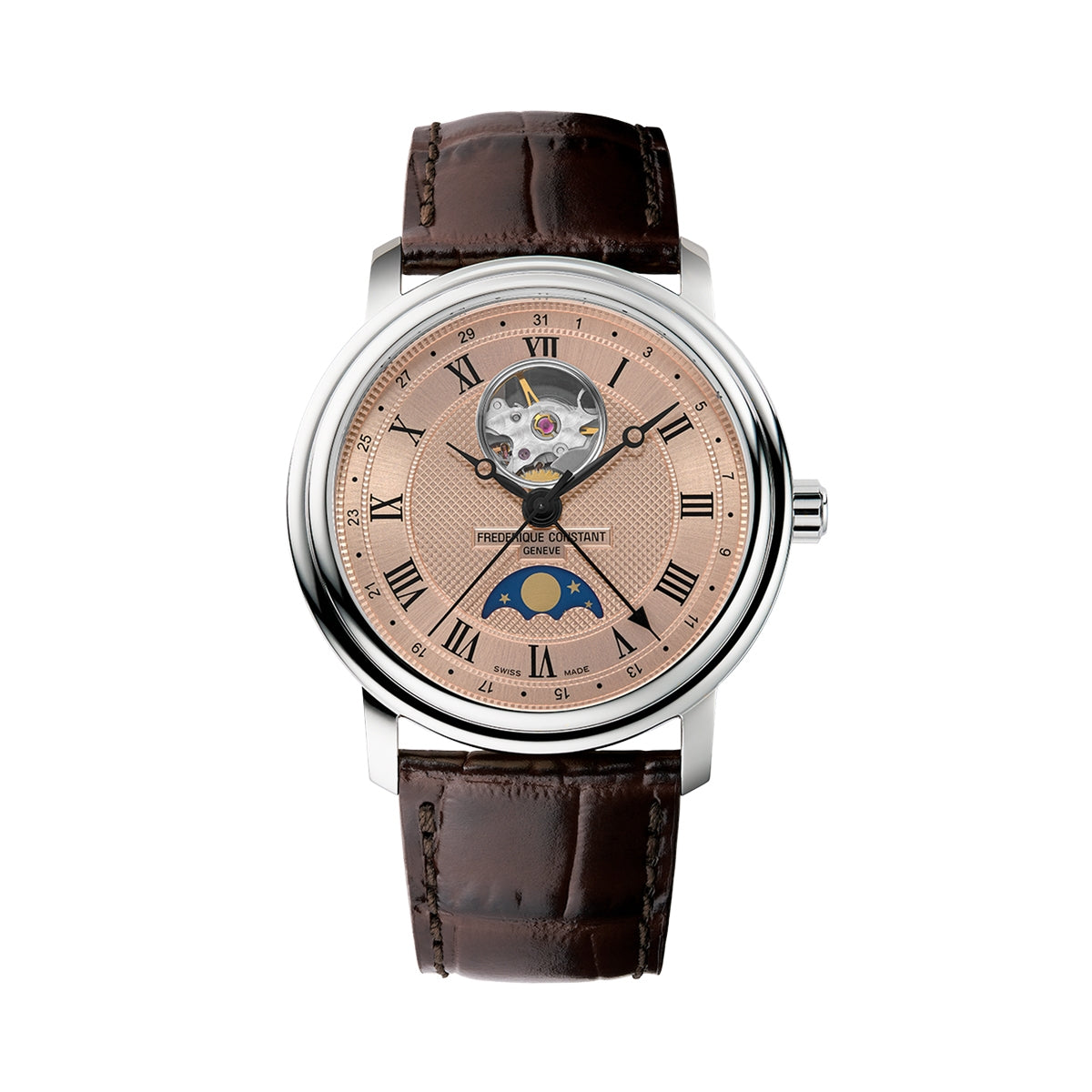 FREDERIQUE CONSTANT WATCHES Mod. FC-335MCSALB4P26 with brown leather strap and a moon phase display.
