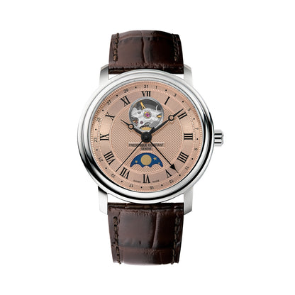 FREDERIQUE CONSTANT WATCHES Mod. FC-335MCSALB4P26 with brown leather strap and a moon phase display.
