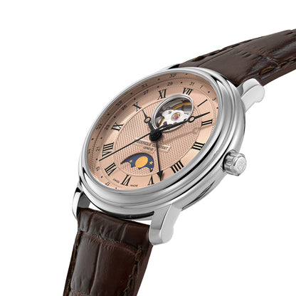 FREDERIQUE CONSTANT WATCHES Mod. FC-335MCSALB4P26 with brown leather strap and moon phase dial, luxury timepiece.