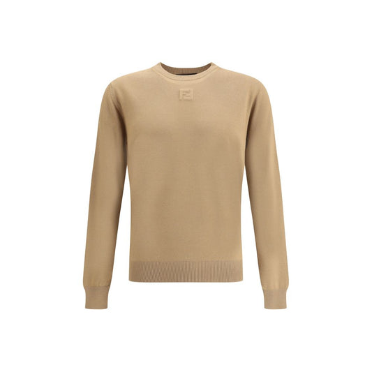 Fendi Beige Fleece Wool Sweatshirt with ribbed detailing and iconic logo for a sophisticated look.