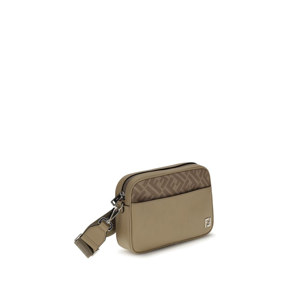 Fendi Beige Leather Shoulder Bag with FF canvas detail and metal appliqué, features crossbody strap and zippered compartment.