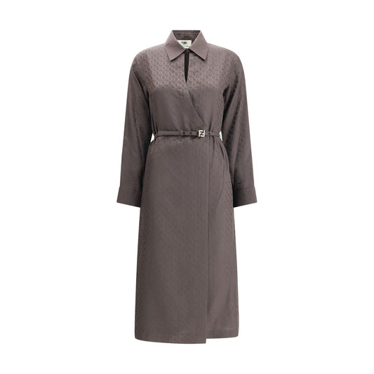 Fendi Brown Silk Casual Dress with FF jacquard pattern, shirt-style collar, and asymmetrical crisscross closure.