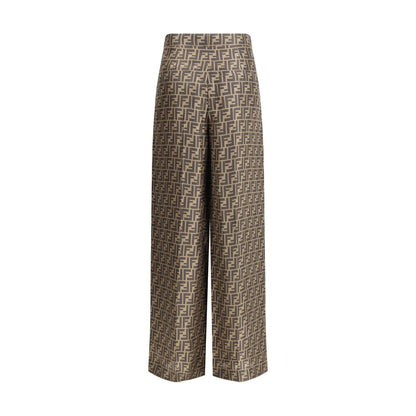 Fendi Brown Silk Casual Pants with monogram pattern and palazzo cut, featuring high waist and button zip closure for elegant style.