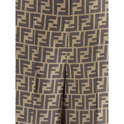 Fendi Brown Silk Casual Pants featuring FF monogram pattern, high waist, palazzo cut, elegant silk fabric showcasing distinctive design.