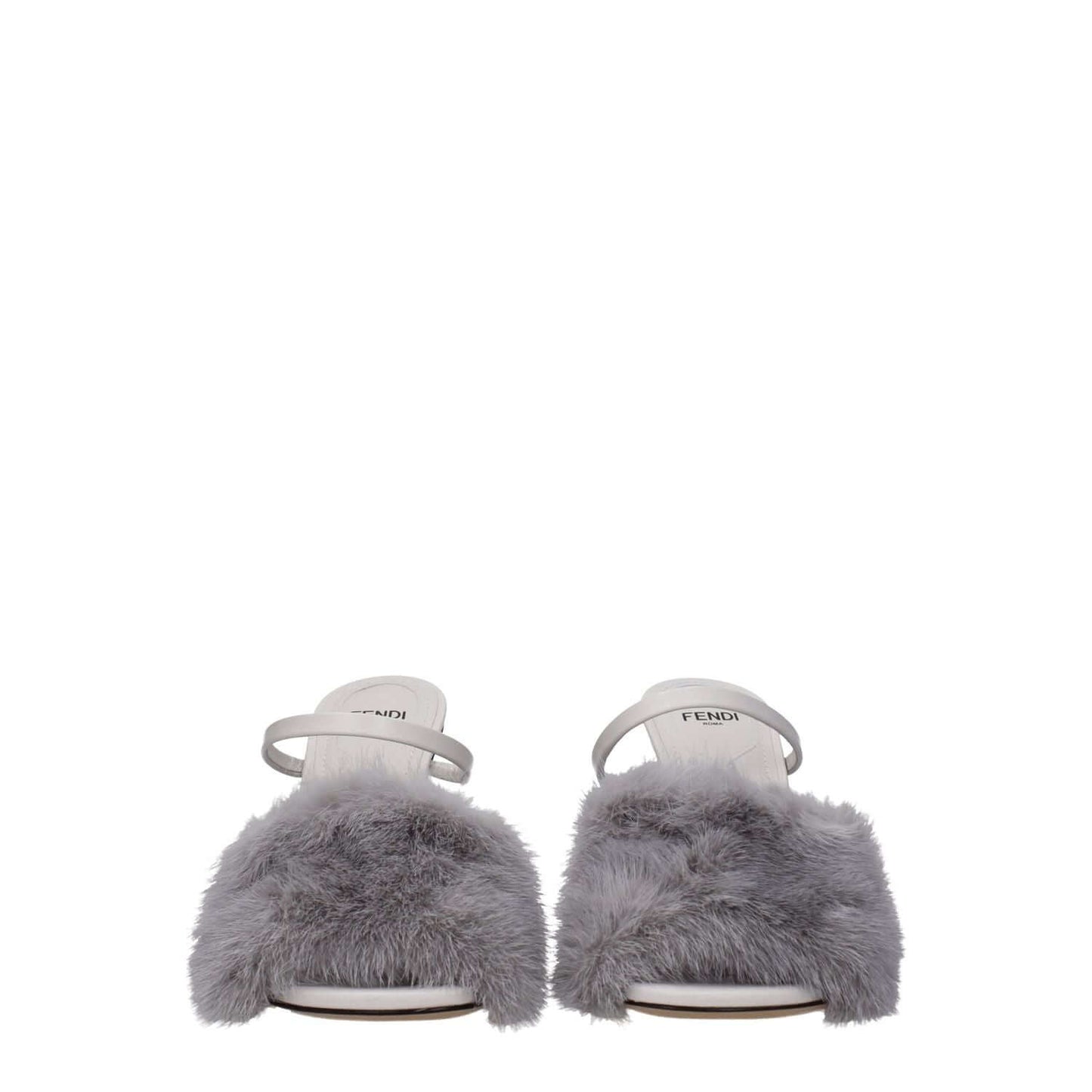 Fendi Gray Mink Slippers with open toe and high heel, featuring side logo, light grey leather sole, casual style.
