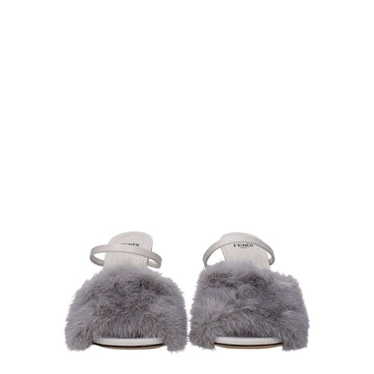 Fendi Gray Mink Slippers with open toe and high heel, featuring side logo, light grey leather sole, casual style.