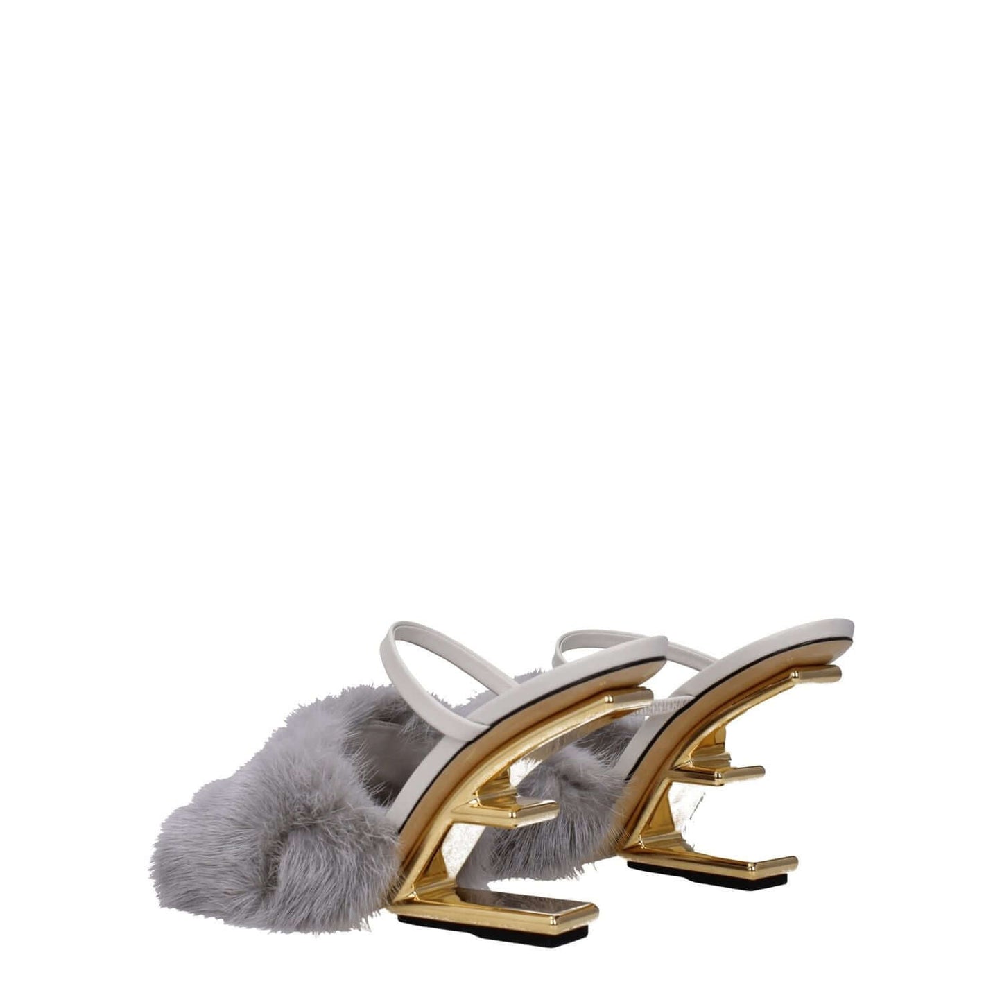 Fendi Gray Mink Slippers with open toe, high heel, and side logo design in light grey, made of leather and mink fur on golden heel.