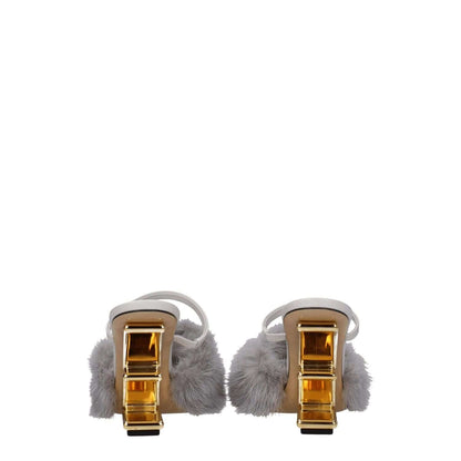 Fendi Gray Mink Slippers with side logo, open toe, high heel in light grey, leather sole. MPN: 8R8212AHGHF1IDQ. Casual style sandals.