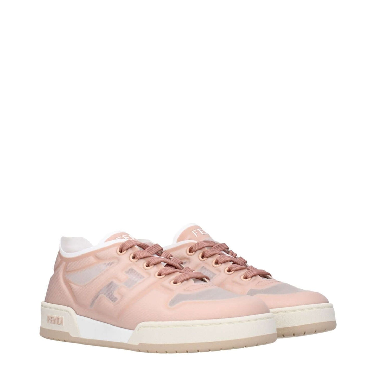 Fendi Pink Fibres Sneakers featuring front, side, and back logos with a lace-up closure, rubber sole, and round toe in blossom pink.