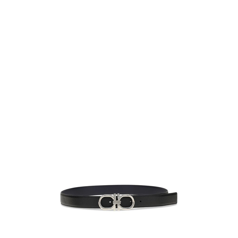 Ferragamo Black Calf Leather Bos Taurus Regular Belt with Gancini buckle and reversible feature, elegant and adjustable.