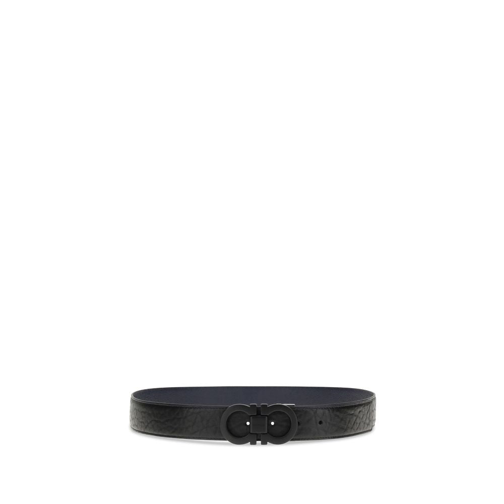 Ferragamo Blue Calf Leather Bos Taurus Belt with black-finish buckle and engraved signature plaque, adjustable and reversible design.