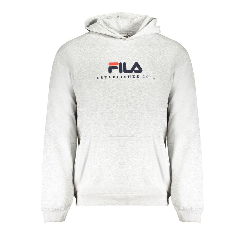 Fila Gray Cotton Men Sweater featuring hood, central pocket, and Fila logo embroidery, perfect for casual and sporty look.