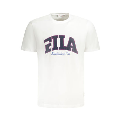 Fila White Cotton Men T-Shirt with graphic logo print and crew neck, providing a stylish and comfortable fit for everyday fashion.