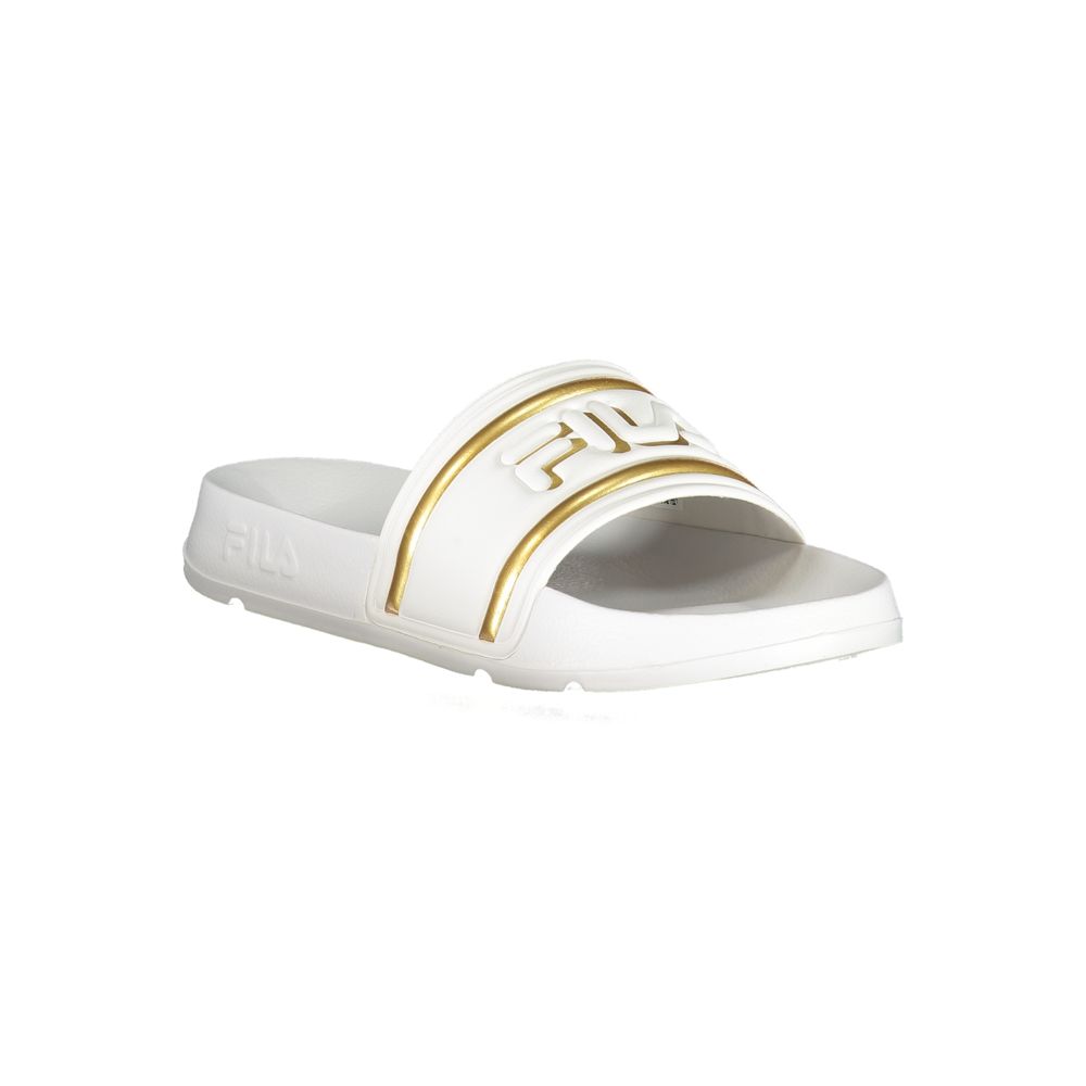 Fila White Polyethylene Women Sandal with gold accents and Fila logo, sleek design offers comfort and style for casual outings.