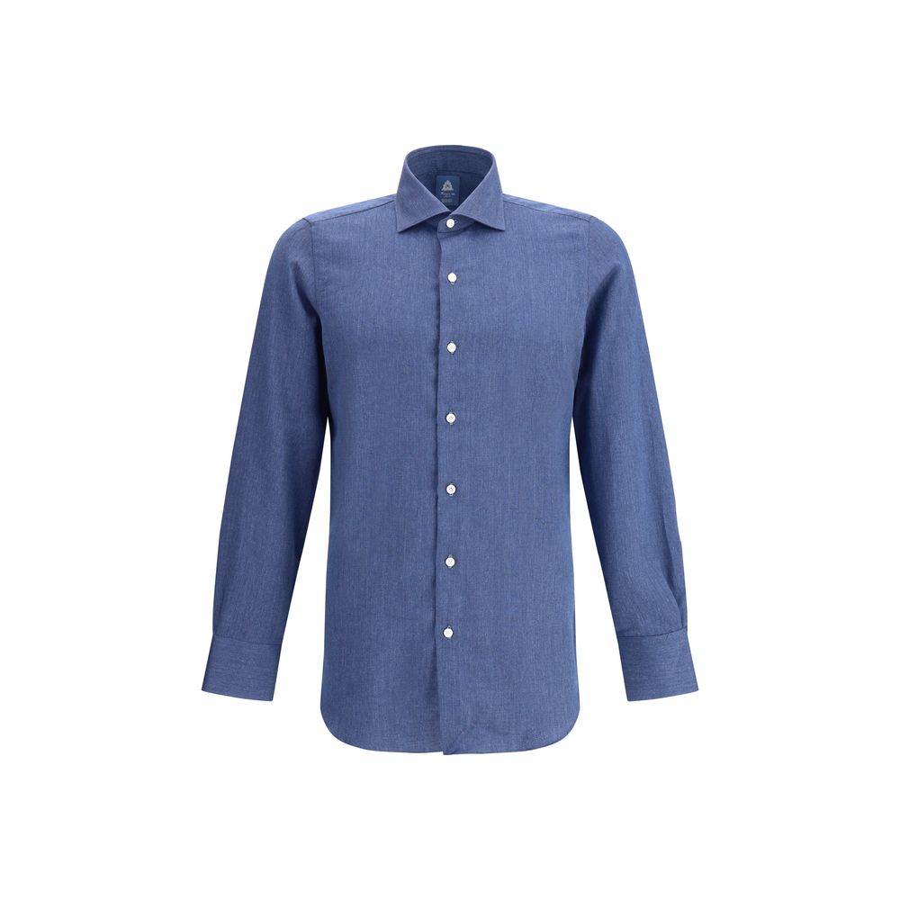 Finamore Blue Cotton Dress Shirt with classic collar and front button closure, suitable for everyday elegance, 100% cotton fabric.
