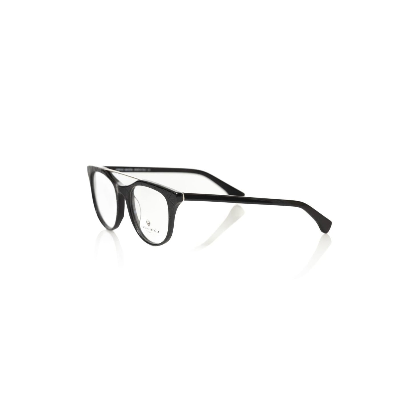 Frankie Morello Black Acetate Unisex Eyeglass Frame with bold geometric pattern for stylish fashion-forward individuals.