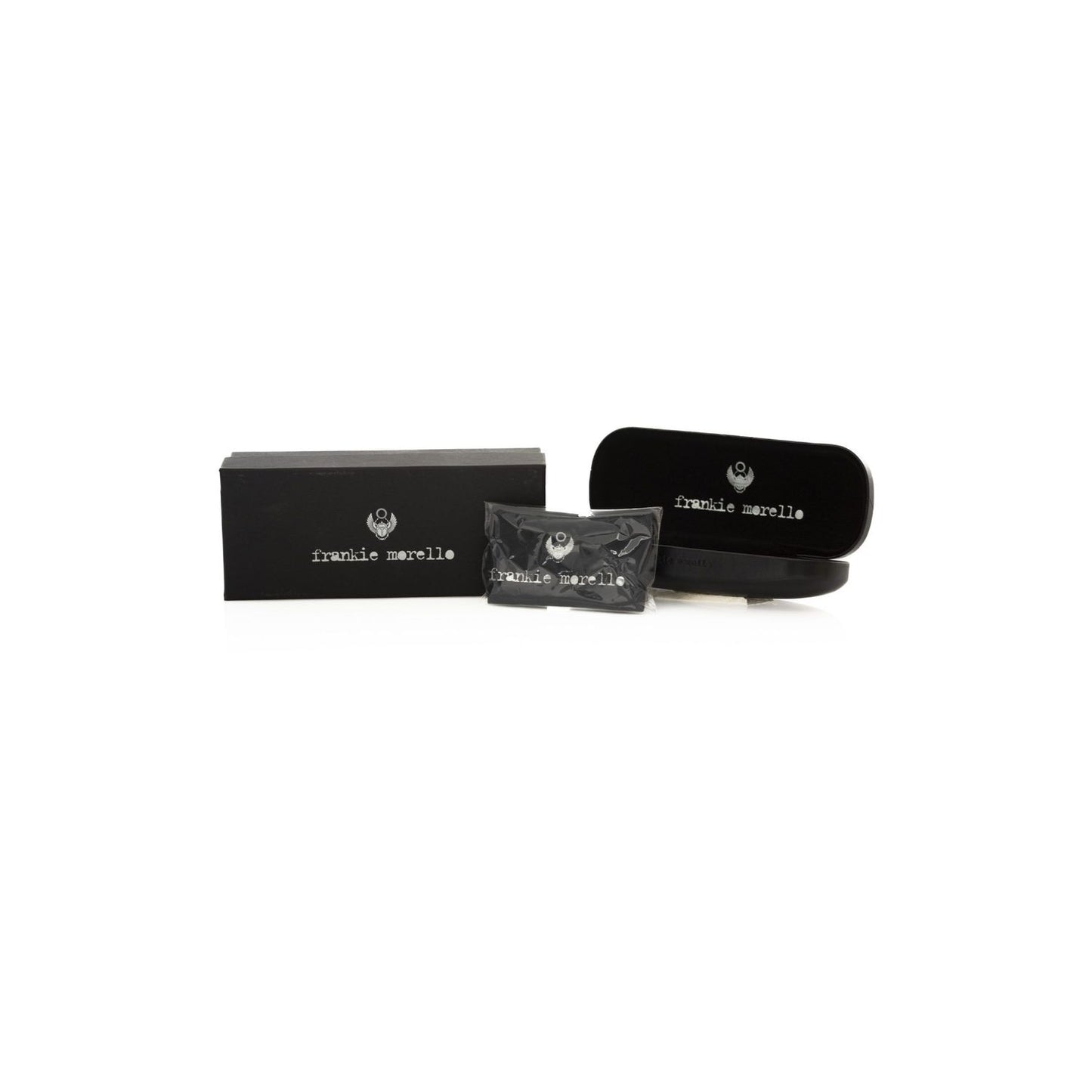 Frankie Morello Black Acetate Unisex Frame packaging with case and cleaning cloth.