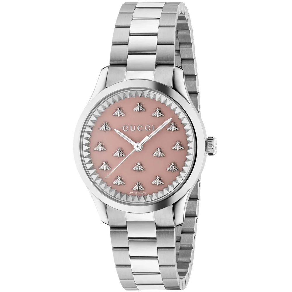 GUCCI MOD. G-TIMELESS MULTIBEE watch with pink dial and silver bee accents on metal bracelet