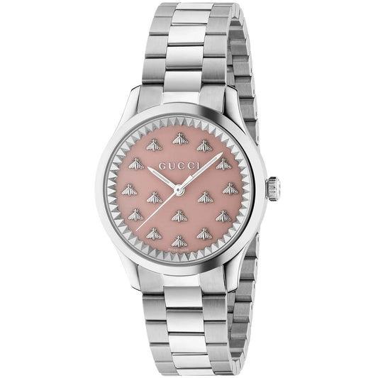 GUCCI MOD. G-TIMELESS MULTIBEE watch with pink dial and silver bee accents on metal bracelet
