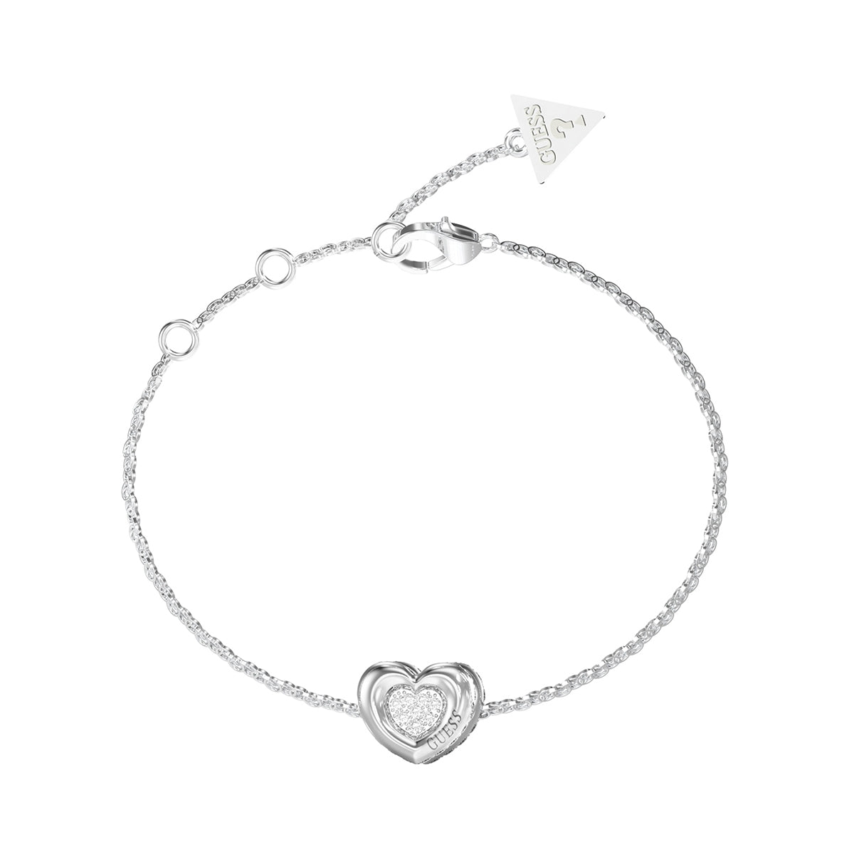 Silver heart bracelet from GUESS JEWELS JEWELRY Mod. JUBB05461JWRHS with triangular charm on a delicate chain.