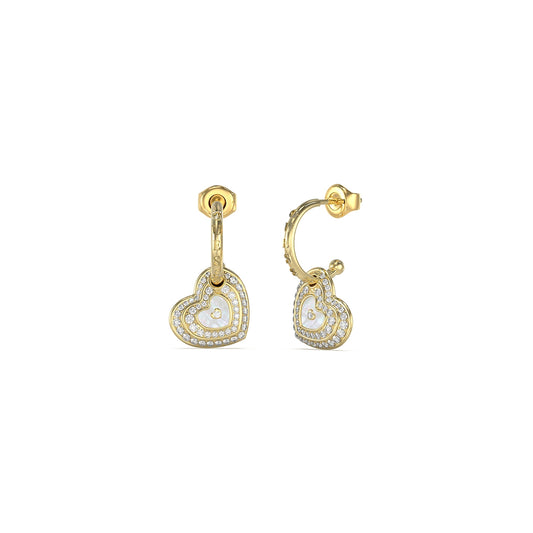 Heart-shaped gold earrings from GUESS JEWELS JEWELRY Mod. JUBE04019JWYGWHT-U with sparkling stones.