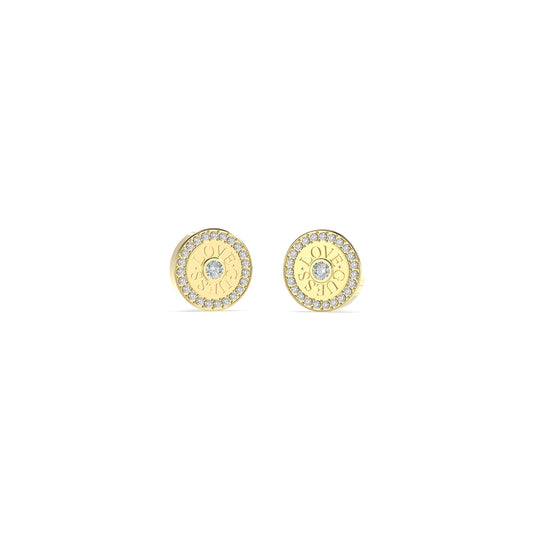 GUESS JEWELS JEWELRY Mod. JUBE04081JWYGT-U gold and diamond circular earrings on white background