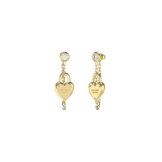 Gold heart-shaped earrings from GUESS JEWELS JEWELRY Mod. JUBE04212JWYGT-U with crystal accents.
