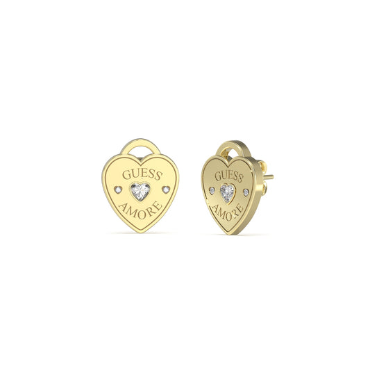 GUESS JEWELS JEWELRY Mod. JUBE05058JWYGT-U heart-shaped earrings with crystal embellishments and 'AMORE' engraving.