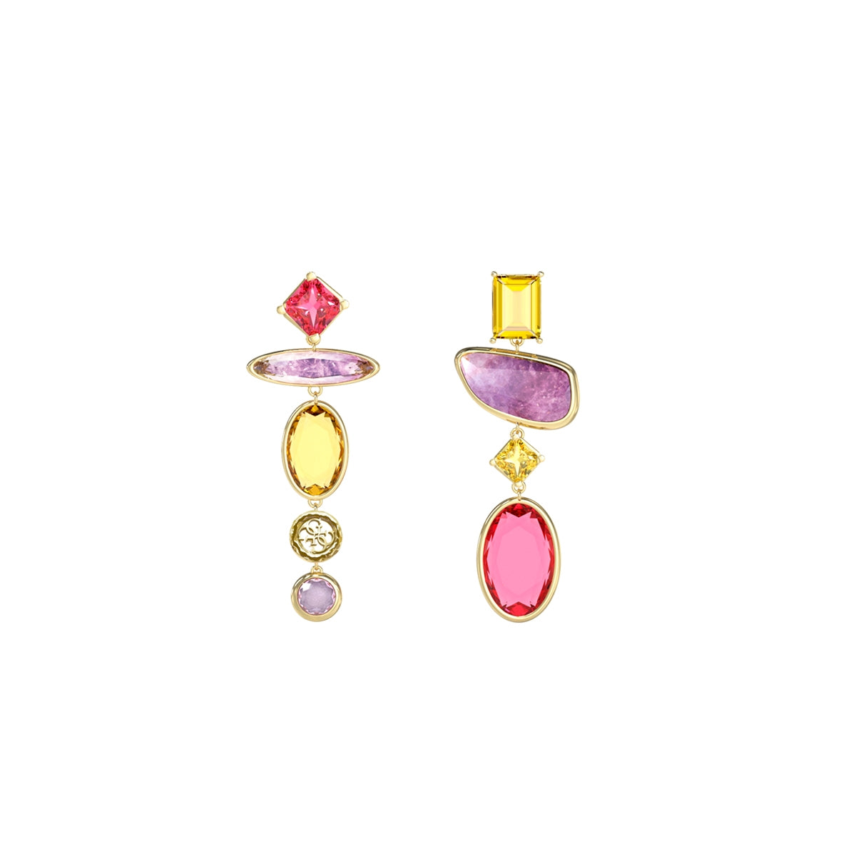 Colorful gemstone earrings on white background. GUESS JEWELS JEWELRY Mod. JUBE05088JWYGMCT-U.