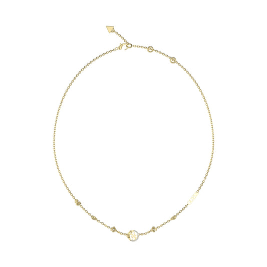 Elegant GUESS JEWELS JEWELRY Mod. JUBN05038JWYGT-U gold necklace with pendant displayed on a white background.
