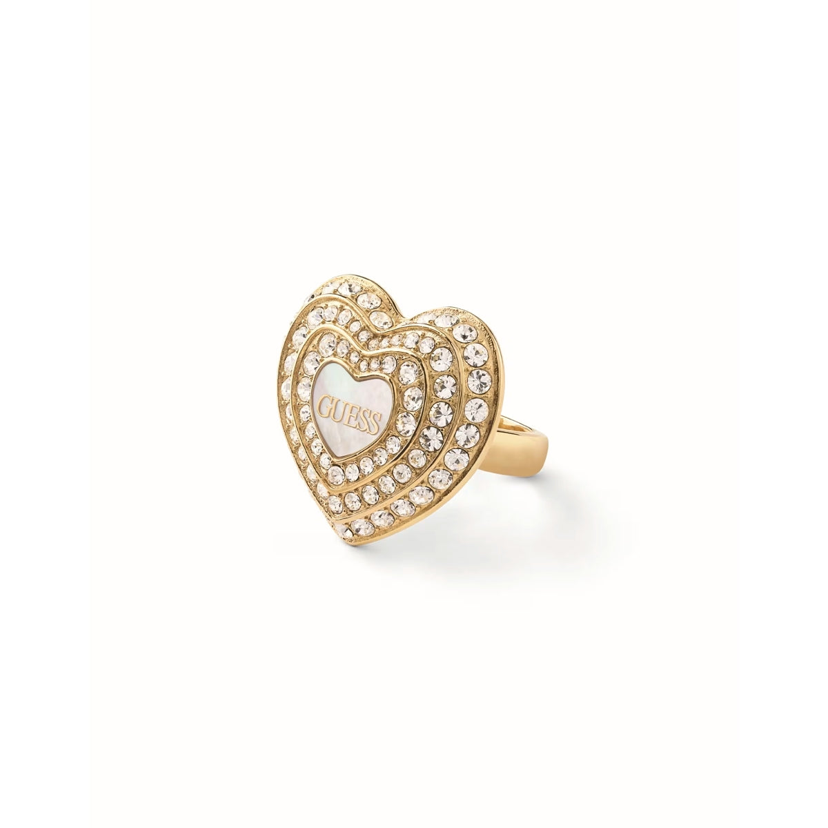 Alt Tag: GUESS JEWELS JEWELRY Mod. JUBR04016JWYGWH56 heart-shaped gold ring with crystal embellishments.