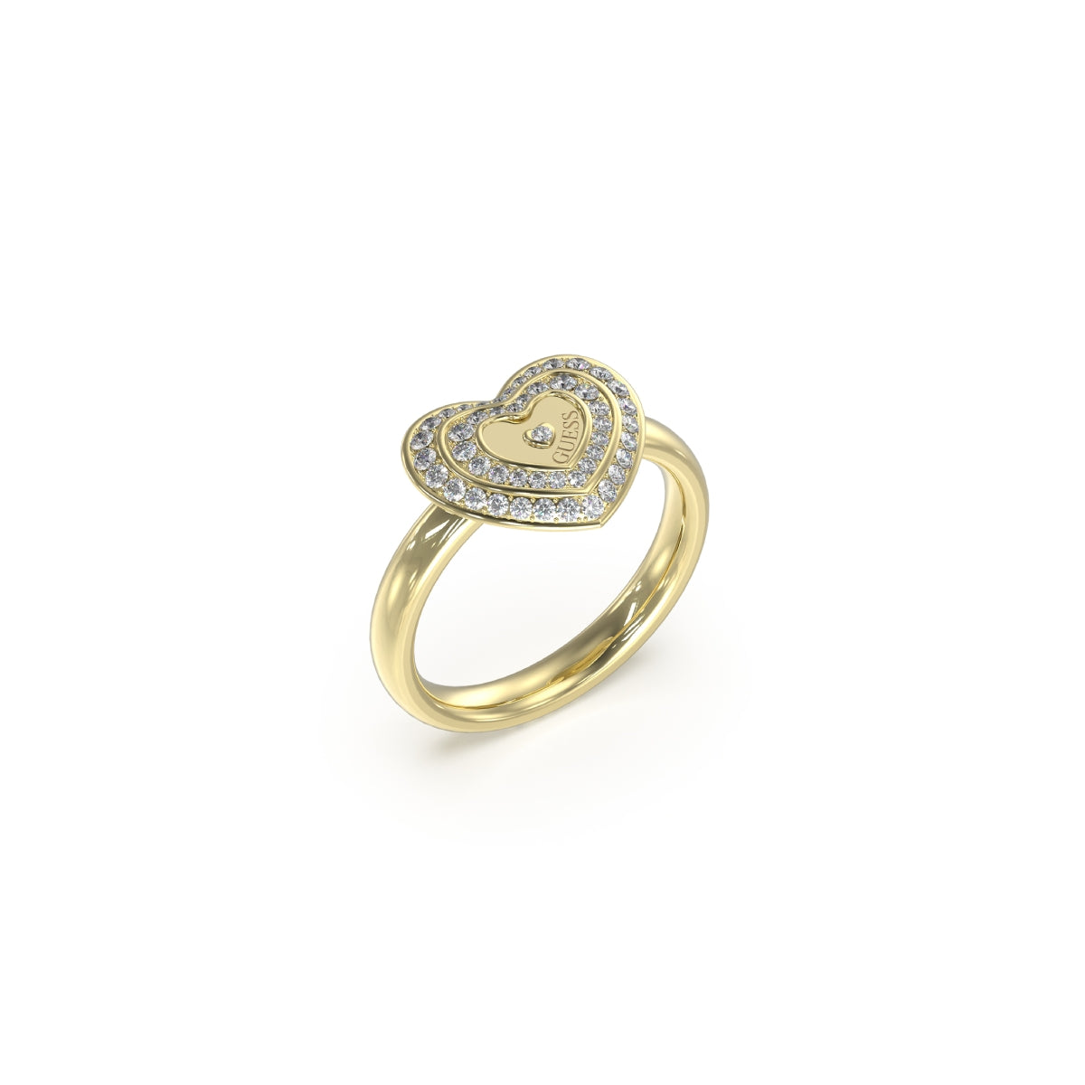 GUESS JEWELS JEWELRY Mod. JUBR04034JWYG54 gold heart ring with crystal accents on a white background