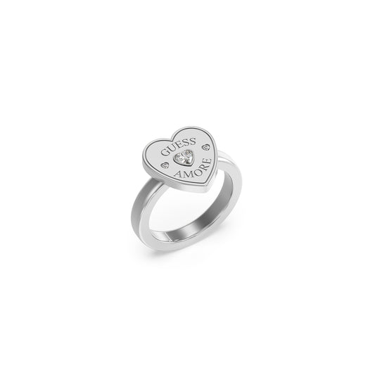 GUESS JEWELS JEWELRY Mod. JUBR05059JWRH56 silver heart ring with "GUESS AMORE" engraved and a gemstone in the center.