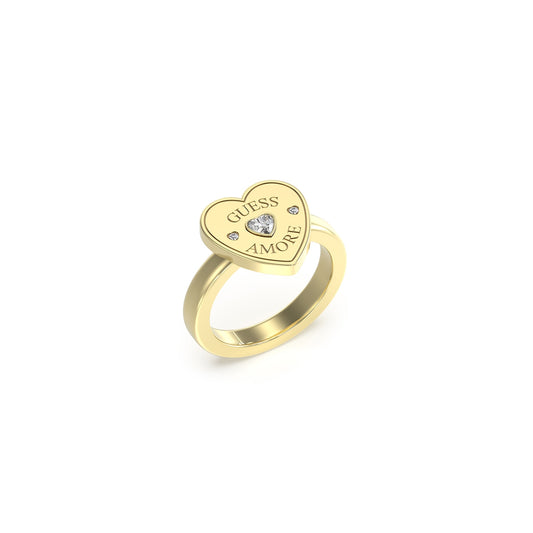 Gold heart ring GUESS JEWELS JEWELRY Mod. JUBR05059JWYG52 with "GUESS AMORE" engraved and a central gemstone.