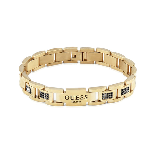 GUESS JEWELS JEWELRY Mod. JUMB01342JWYGBKT-U gold bracelet with black accents on a white background